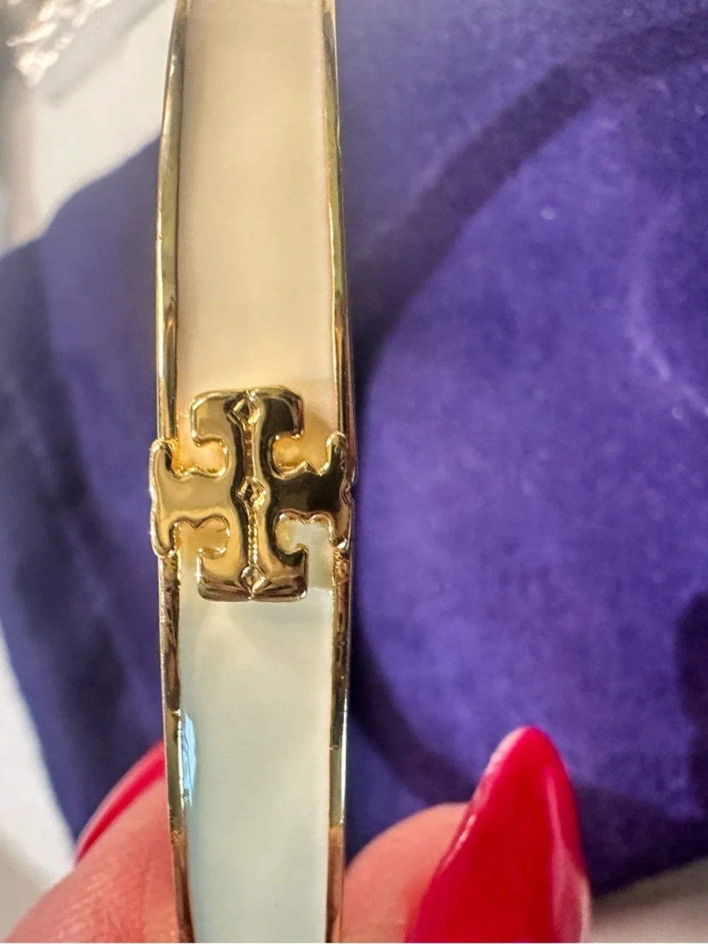 Tory Burch Cream Enamel and Gold Logo Hinge Bangle
